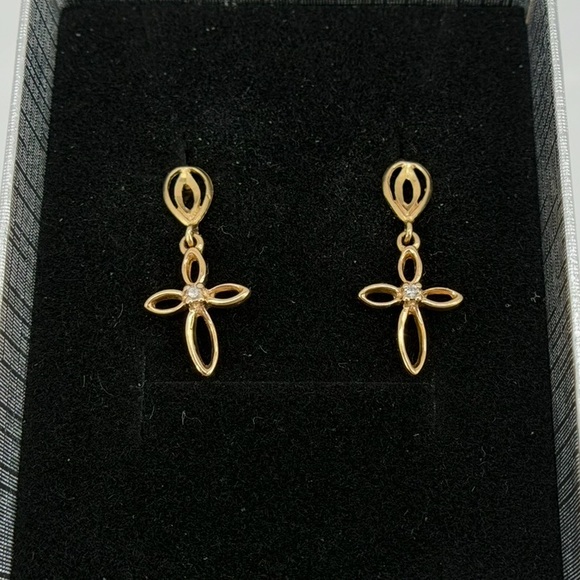 14K Yellow Gold Cross Drop Earrings CZ Diamond Accent 1.2g Real Gold New - Picture 2 of 5